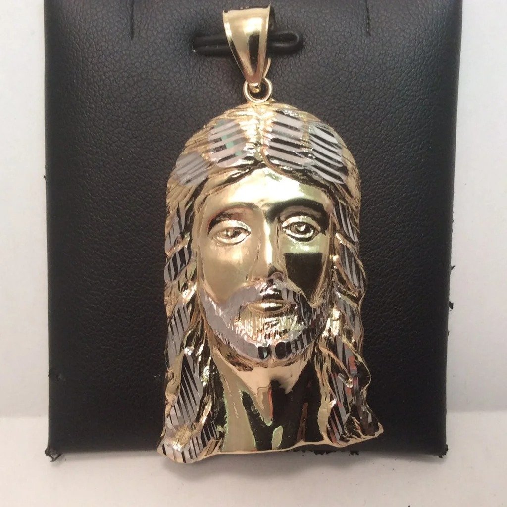 10k Two Tone Real Gold White Diamond Cut Jesus Face Pendant 8.8gr